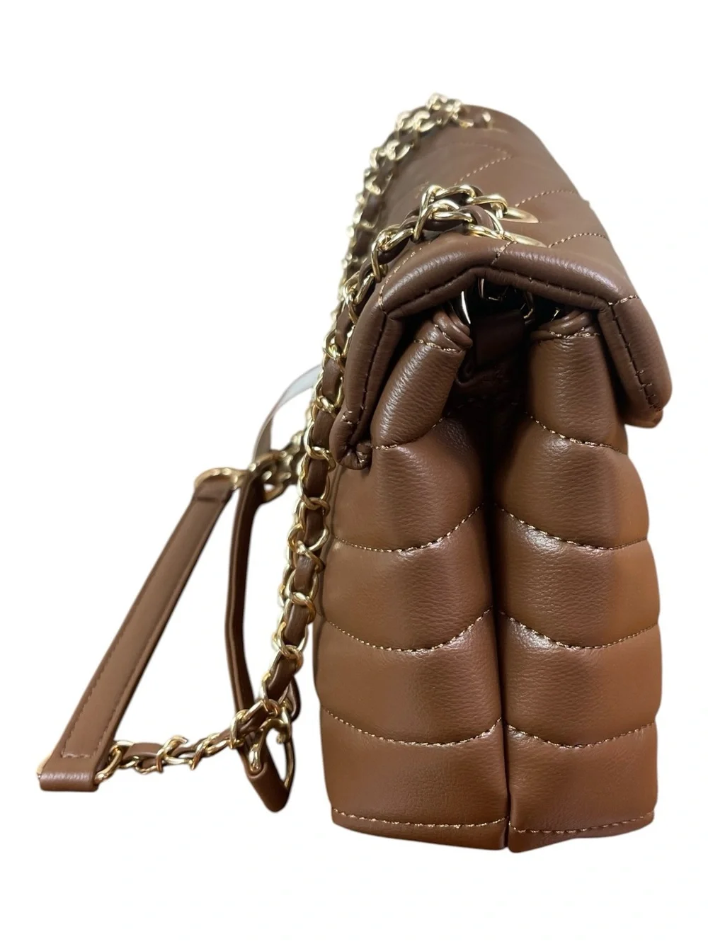 Brown Chevron Quilted Shoulder Bag Gold Chain